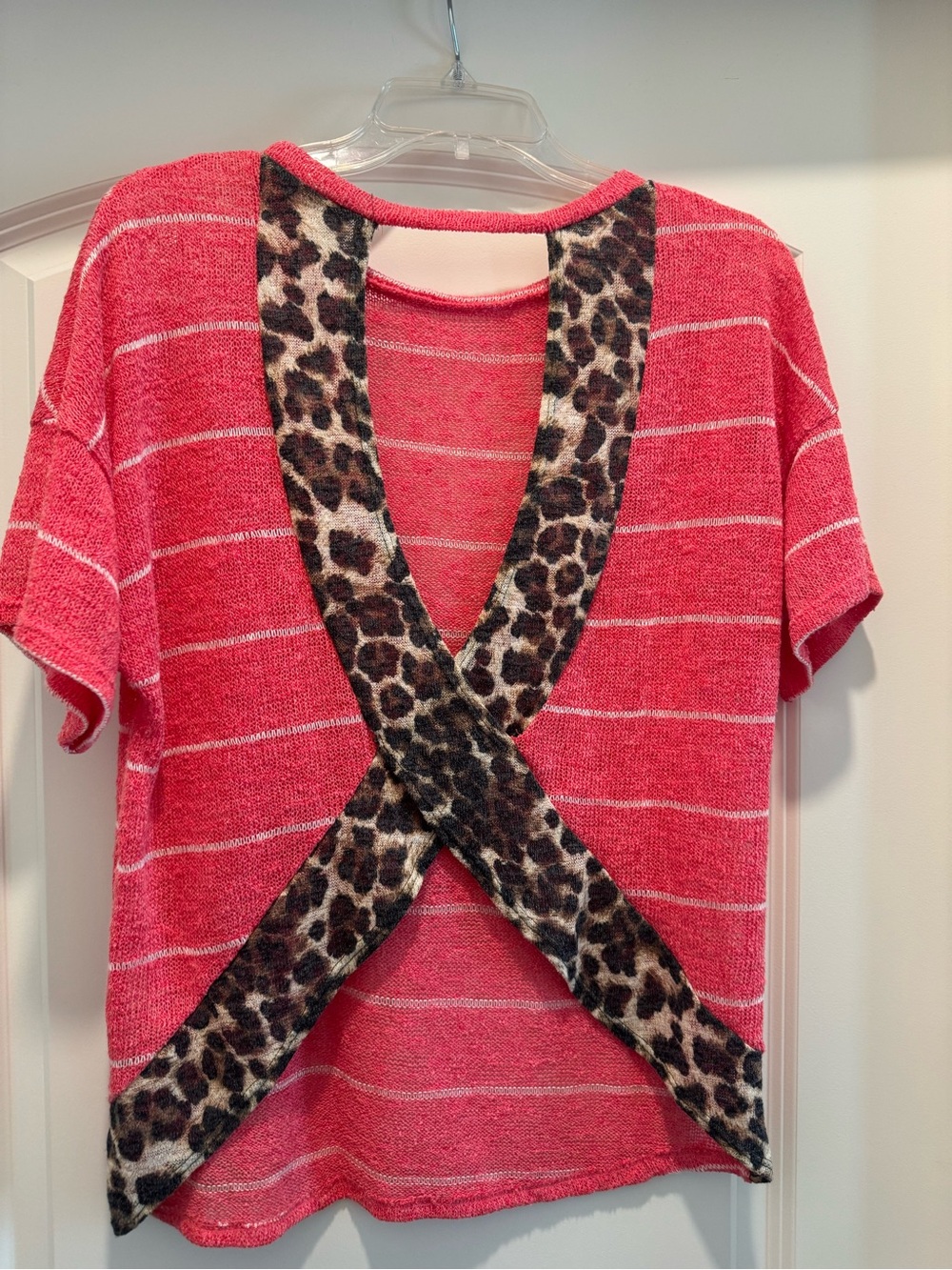 Striped Pink Short Sleeve Top with Leopard Crisscross Back